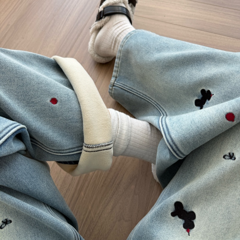 冬季欧货高端直筒阔腿裤2025加绒刺绣高腰显瘦直筒拖地裤 - 图2