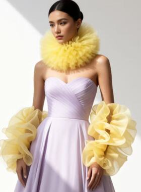 黄色婚纱手套新娘拍照蓬松纱袖