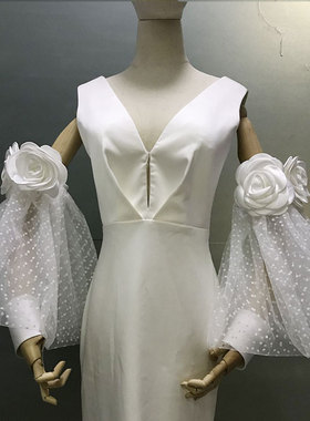 白色手工花朵长款袖子新娘婚纱礼服遮手臂手袖手套黑色红色造型款