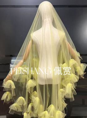 新娘头纱鹅黄色网纱蝴蝶结遮面婚纱礼服双层影楼拍照造型走秀头纱