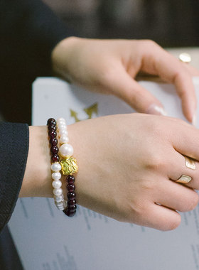 无同  护花宝石 石榴石珍珠双圈925银镀金手钏链女生送礼