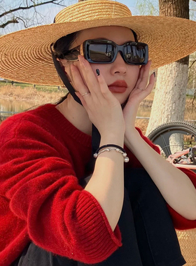 韩版方形复古红色镂空墨镜女