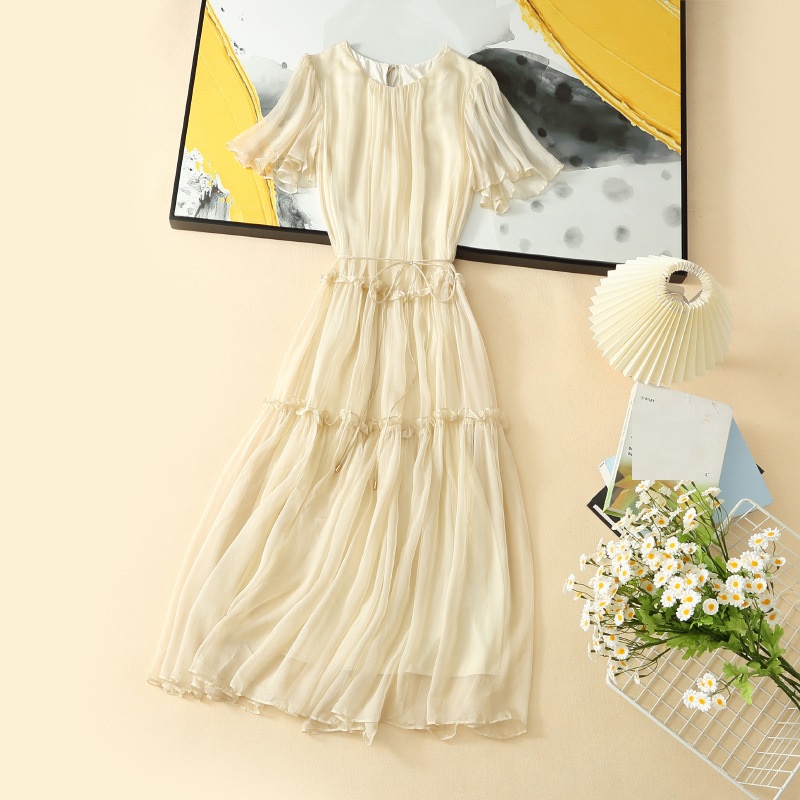 夏季花边仙女裙系带纯色温柔风设计沙滩裙高级感100%桑蚕丝中长裙