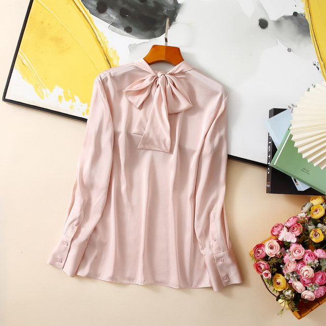 Early Spring and Summer Back Bow Heavy Solid Color 100% Silk Long Sleeve S Top Women's Half Turtle Collar Slim Fit Shirt