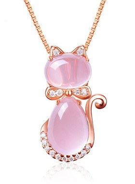 儿童粉晶项链女童可爱猫咪项链爱心吊坠小众设计感少女心锁骨链
