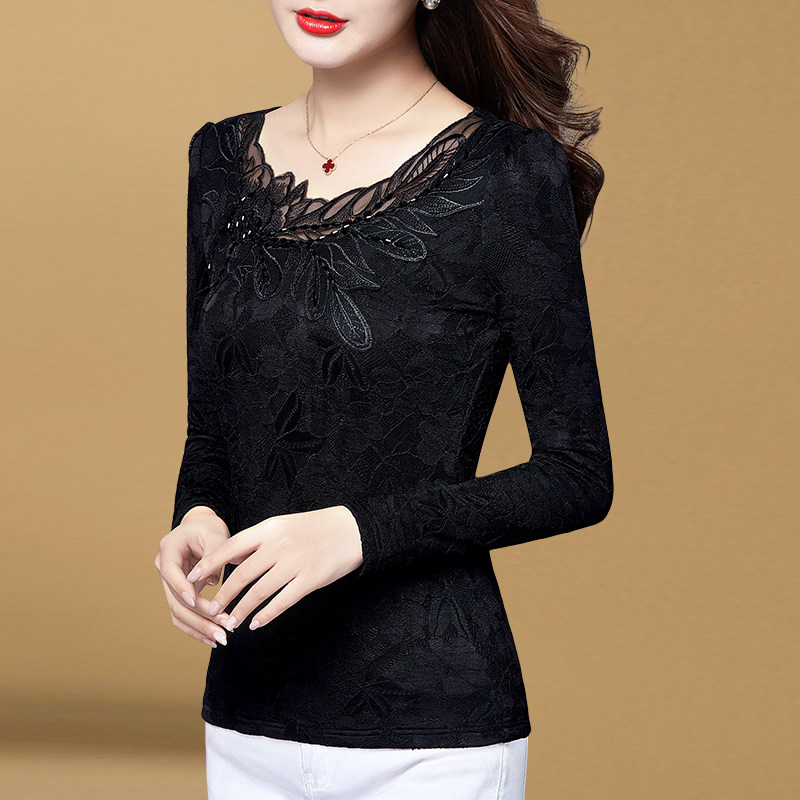 2021秋冬新款黑色蕾丝加绒小衫 索茜丽蕾丝衫/雪纺衫