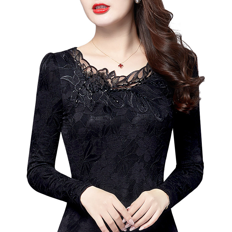 2021秋冬新款黑色蕾丝加绒小衫 索茜丽蕾丝衫/雪纺衫