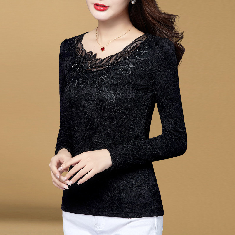 蕾丝2021冬季时尚低领绣花t恤上衣 索茜丽T恤