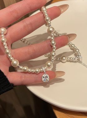 方糖白钻珍珠项链锁骨链礼物女
