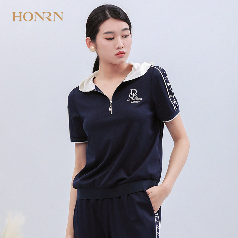 HONRN/红人藏蓝色修身薄款短袖连帽带帽套头针织衫上衣t恤女夏季