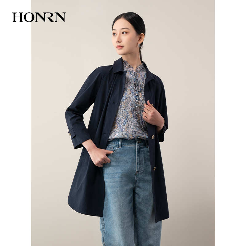 HONRN/红人藏蓝色单排扣衬衣领中长款风衣外套女春秋HH11OF765