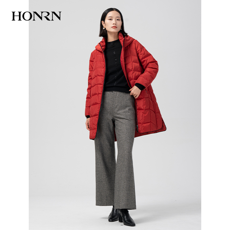 HONRN/红人红色连帽显瘦白鸭绒羽绒服外套女冬季中长款HG55YR027 - 图1