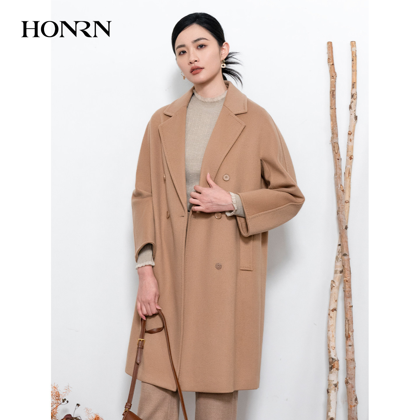 HONRN/红人西装领双排扣山羊绒羊毛呢子大衣外套女秋冬HI55OD481,淘宝优惠券,粉丝福利购,淘宝优惠卷
