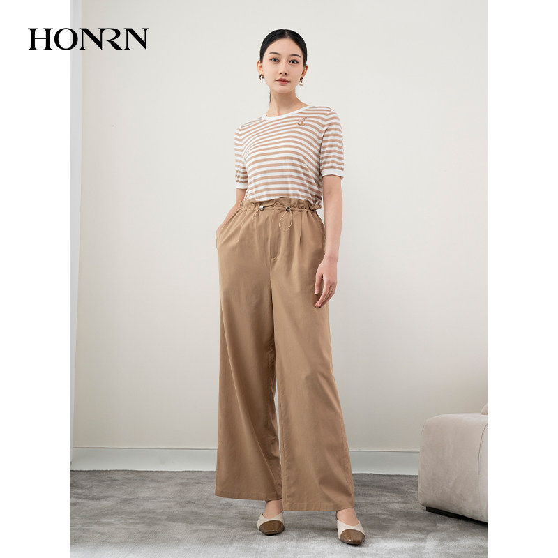 HONRN/红人宽松薄款裤子抽绳收腰直筒阔腿休闲裤女夏HH22OK104,淘宝优惠券,粉丝福利购,淘宝优惠卷