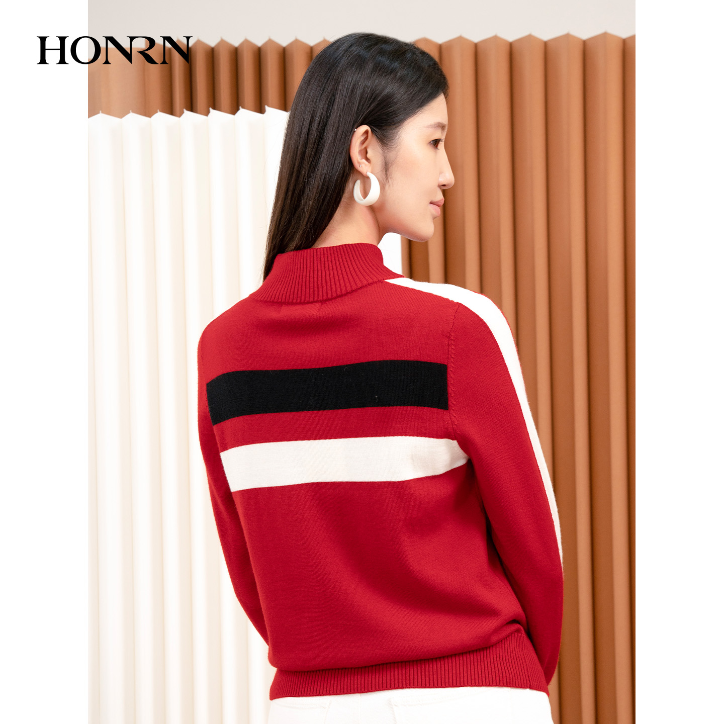 HONRN/红人休闲长袖半拉链立领羊毛衣针织衫上衣女秋冬HI55OM234 - 图2