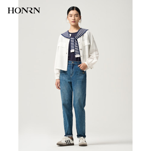 HONRN/红人白色简约长袖短外套女圆领宽松廓形休闲外套HJ22OS917 - 图0