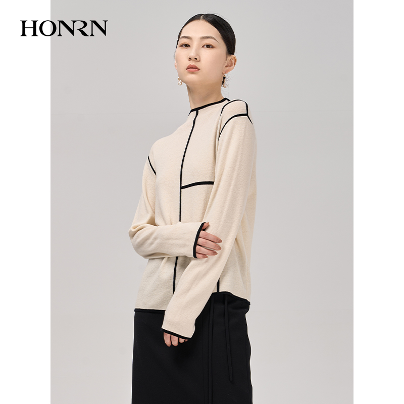 HONRN/红人白色宽松显瘦半高领长袖羊毛衣针织衫上衣女HI59OM030