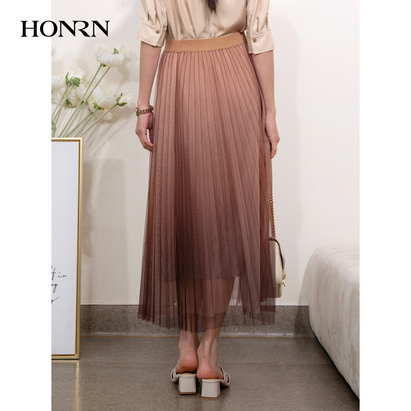 HONRN/红人宽松显瘦裙子松紧腰a字百褶裙半身裙长款女夏HI22OQ284 - 图1