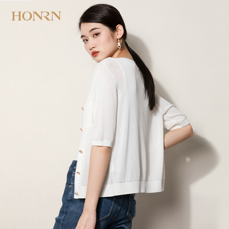 HONRN/红人休闲修身白色镂空中袖空调衫开衫针织外套女薄款夏季