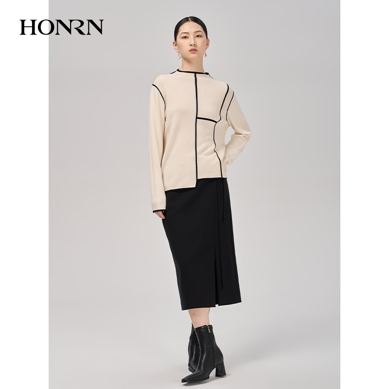 HONRN/红人白色宽松显瘦半高领长袖羊毛衣针织衫上衣女HI59OM030