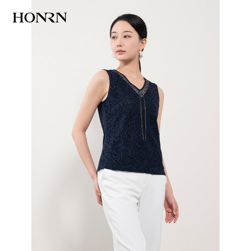 HONRN/红人藏蓝色修身蕾丝V领拼珠链打底背心内搭上衣女HH22OB782-图1