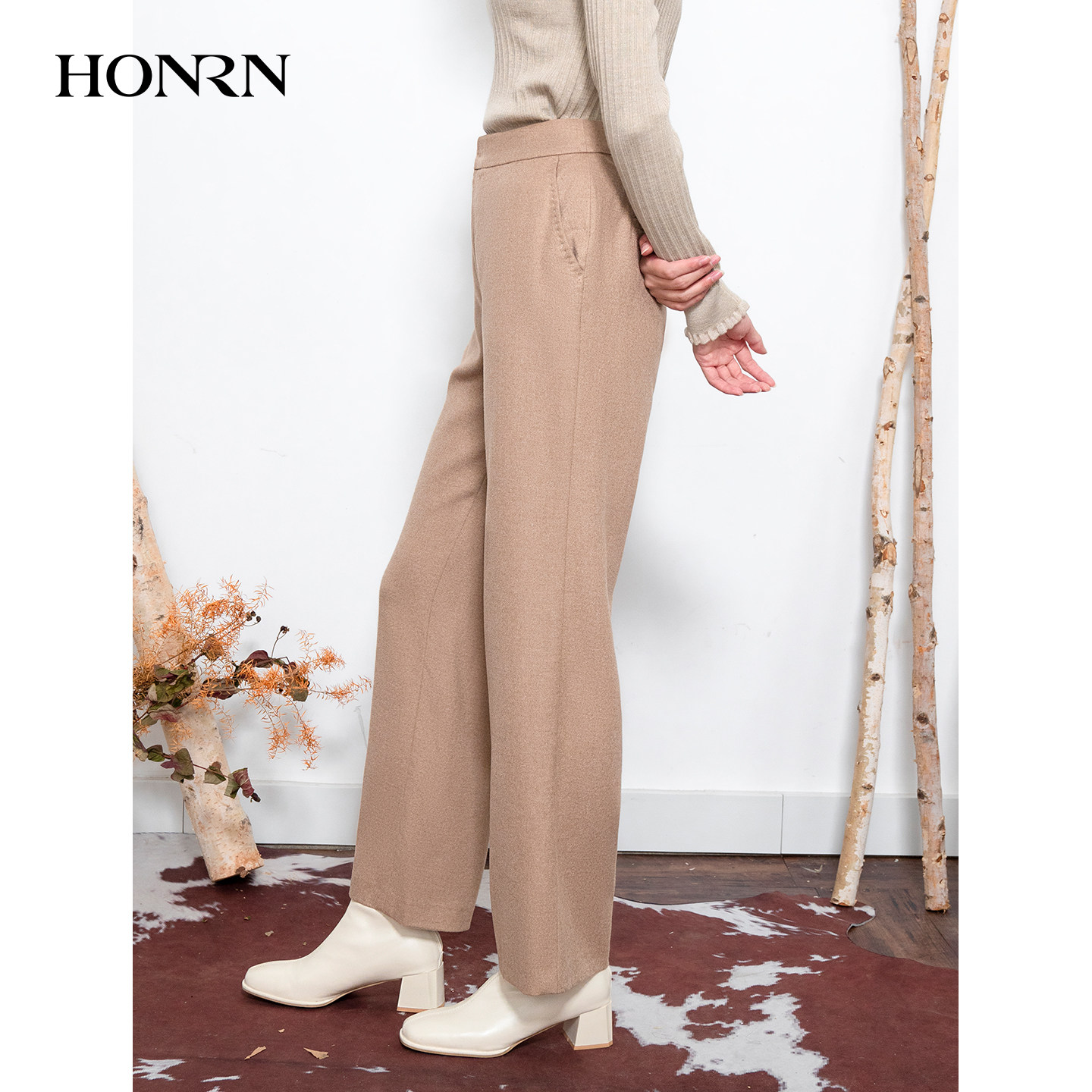HONRN/红人宽松桑蚕丝骆驼绒毛呢直筒阔腿休闲裤女秋冬HI55OK504,淘宝优惠券,粉丝福利购,淘宝优惠卷