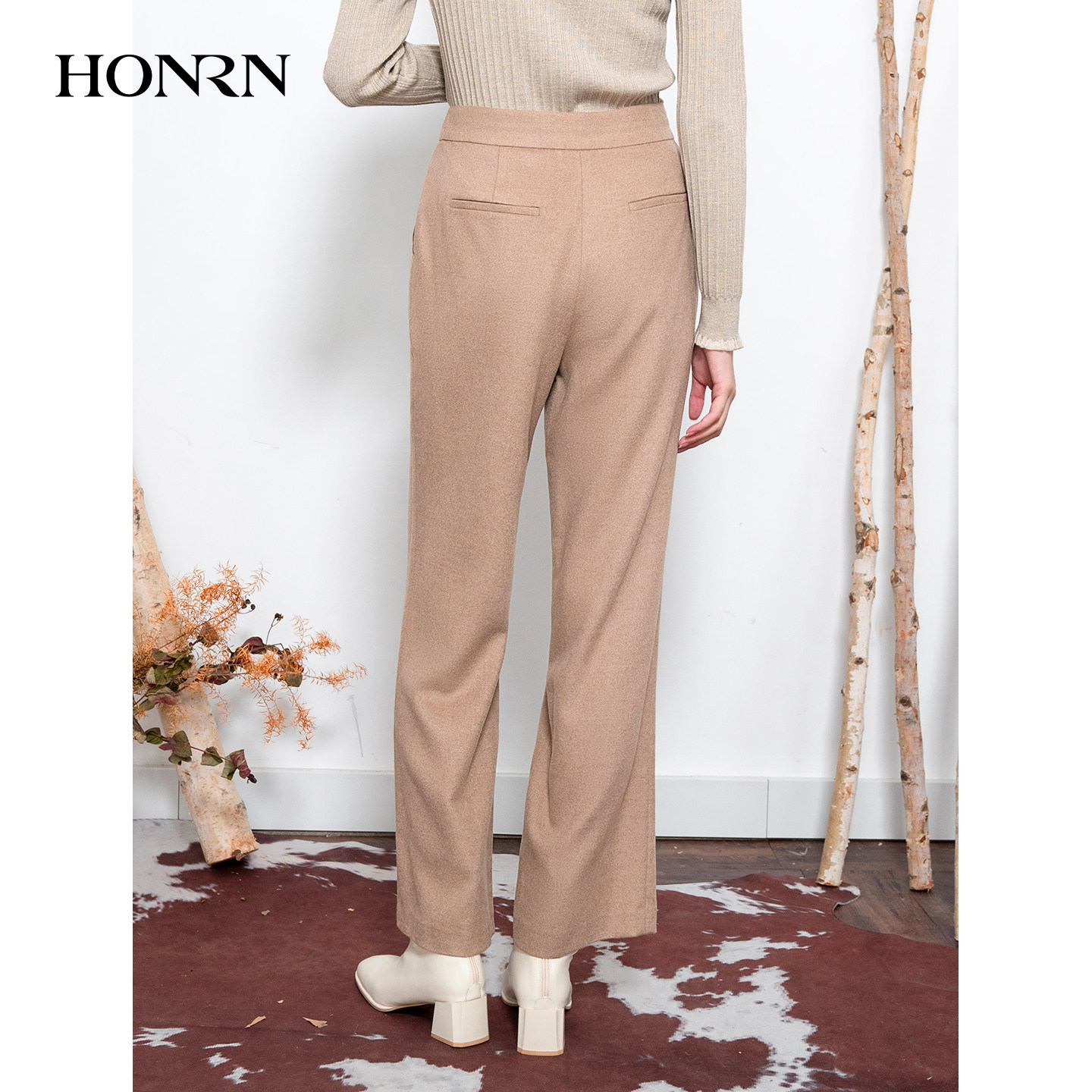 HONRN/红人宽松桑蚕丝骆驼绒毛呢直筒阔腿休闲裤女秋冬HI55OK504,淘宝优惠券,粉丝福利购,淘宝优惠卷
