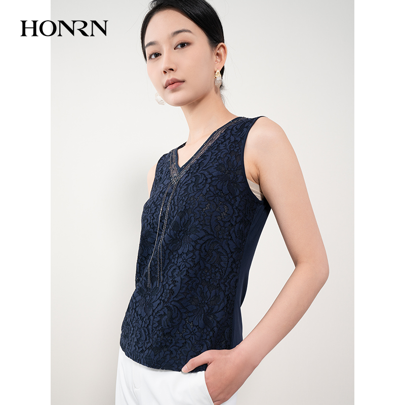 HONRN/红人藏蓝色修身蕾丝V领拼珠链打底背心内搭上衣女HH22OB782 - 图0