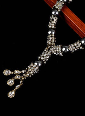 欧美中古复古Vintage镶钻镀真金水滴流苏珍珠项链奢华新娘婚礼