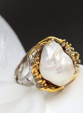 纯银戒指镀金夸张食指天然珍珠