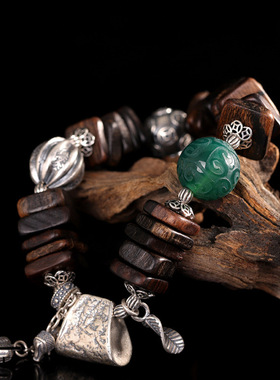 S925纯银复古天然绿玛瑙沉香手链