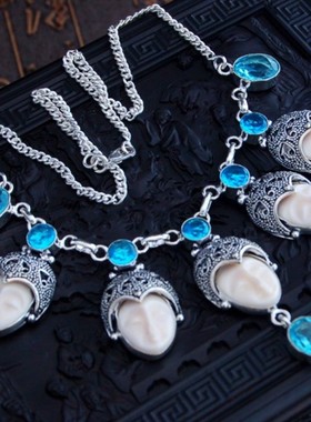 S925纯银复古民族风异域个性夸张天然托帕石美女神像女士吊坠项链