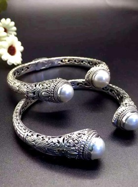 S925纯银复古巴厘岛手工雕花镶嵌天然马蓓珍珠女士纯银开口手镯环