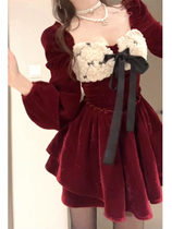 This years popular pretty dress code big code fat sister Christmas red velvet double layer fine shiny gold dress fluffy dress