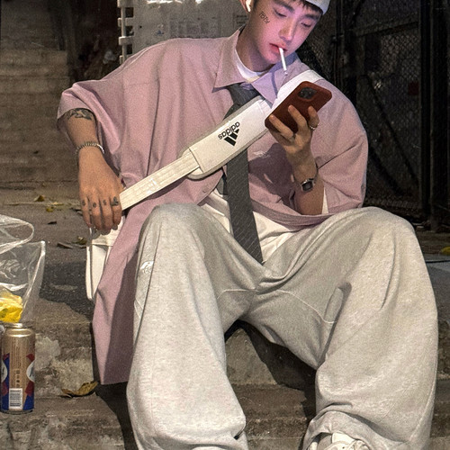 Aurocean 夏日轻盈浅花灰色运动卫裤 弯刀廓形解构大版纯棉休闲裤 - 图0