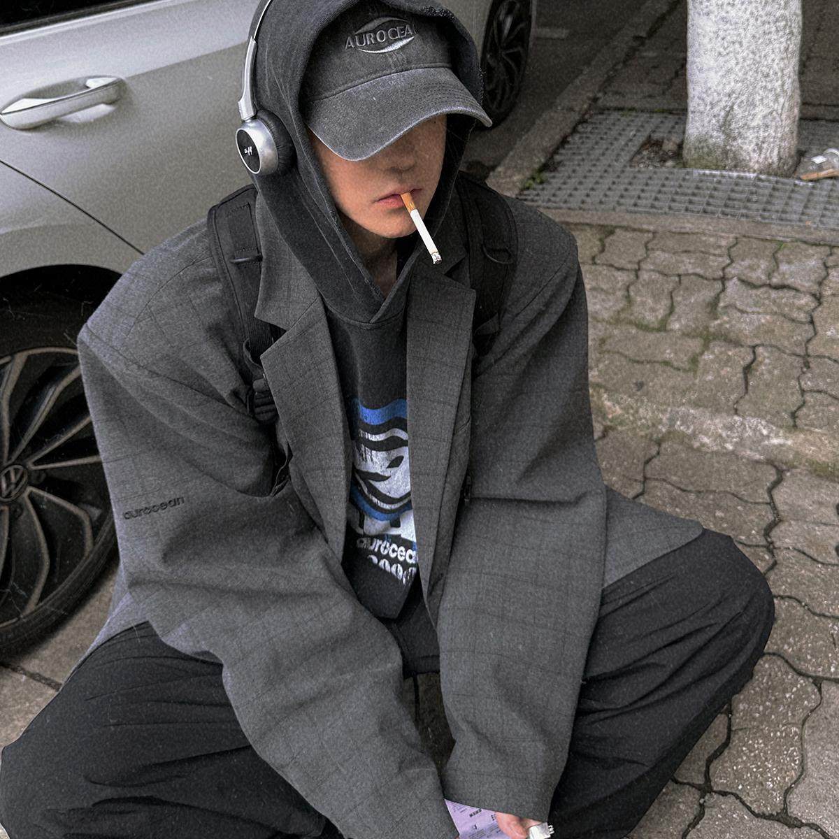 Aurocean 日常感大西装外套 复古少年感深灰格子宽肩外套,淘宝优惠券,粉丝福利购,淘宝优惠卷