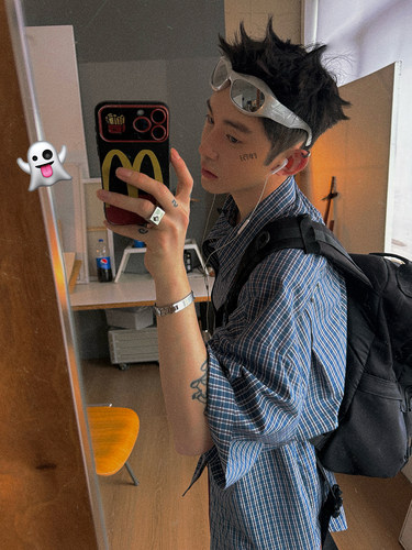 Aurocean 滑板少年撞色小格子衬衫 轻盈棉宽松大版短袖 - 图2