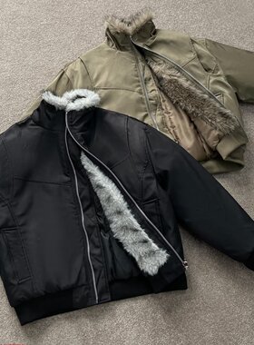 美式复古解构夹克冬季加厚保暖毛领百搭高级感夹棉棉服外套领带夹