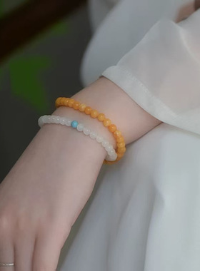 和田玉手串 4mm6mm老蜜蜡绿松双圈手链 小众手链厂家直销一件代发
