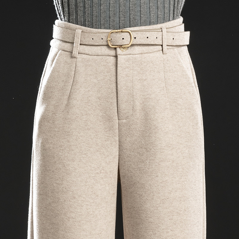 米色加厚羊毛呢阔腿裤子女高腰长裤 山姑休闲裤