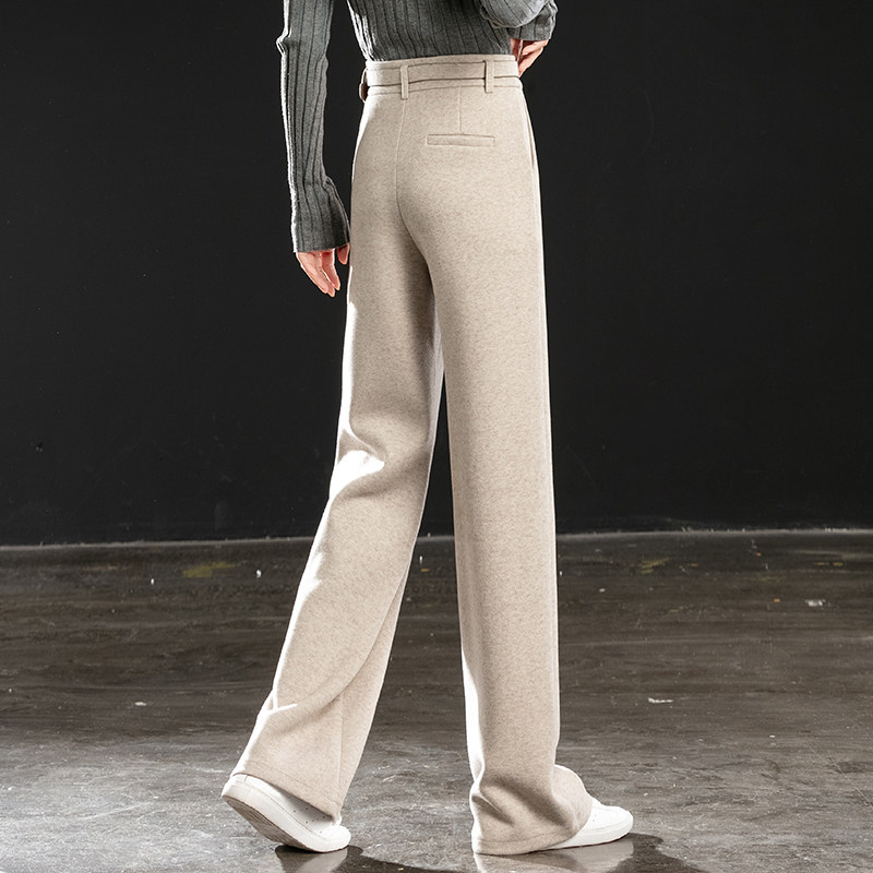 米色加厚羊毛呢阔腿裤子女高腰长裤 山姑休闲裤