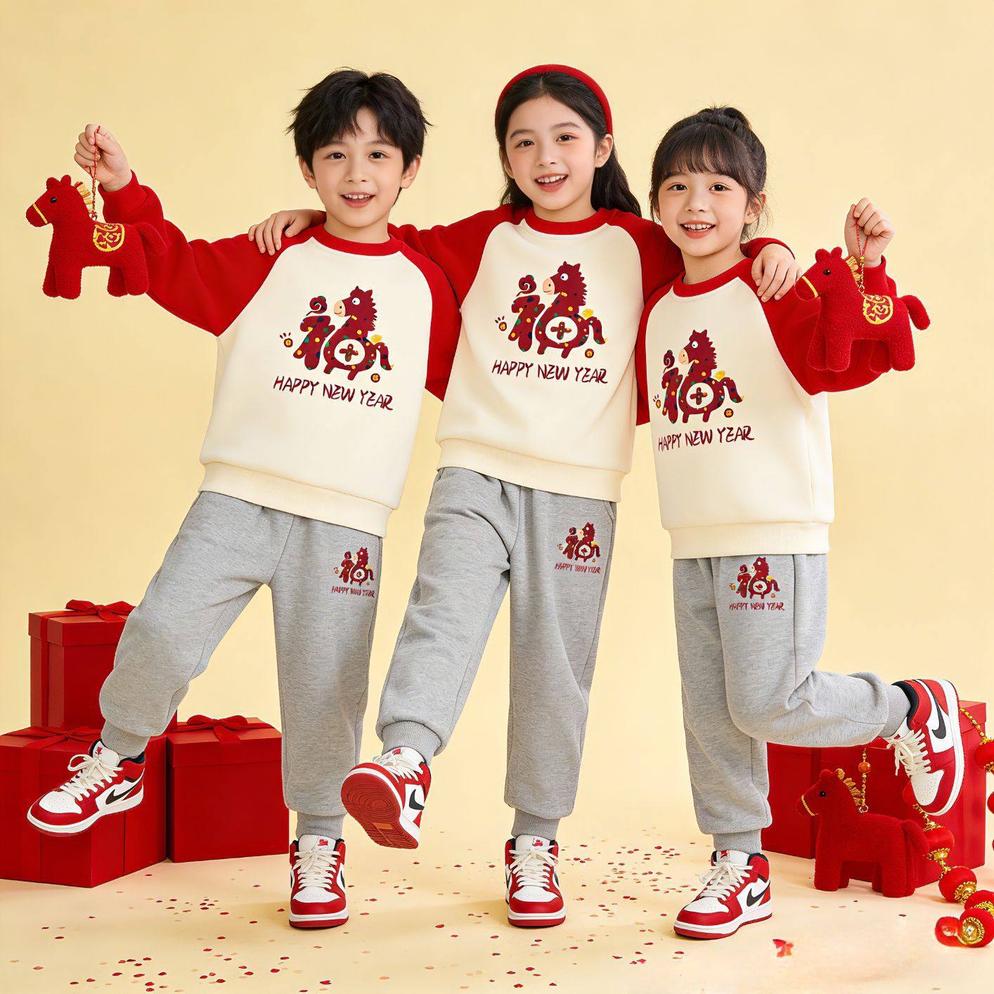 马年童套装本命年男童女童加绒卫衣套装2026新款儿童过年喜庆衣服,淘宝优惠券,粉丝福利购,淘宝优惠卷