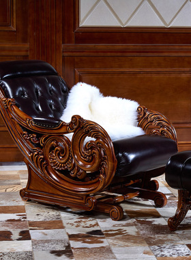 欧式美式古典实木客厅别墅家具FF98沙发真皮长方几摇椅脚凳