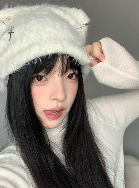 韩版甜美十字架别针猫耳帽女冬季毛茸茸大头围显脸小针织毛线帽潮