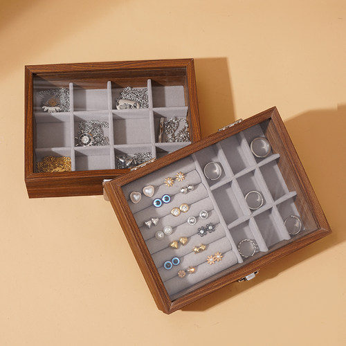 胡桃木色珠宝箱戒指项链收纳盒耳环耳钉手串饰品盒实木珠宝首饰盒 - 图2
