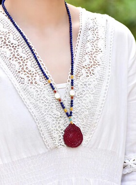 珠宝青金石天然南红点缀毛衣链