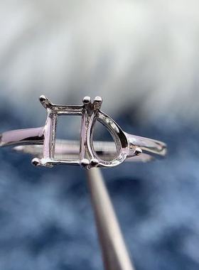 纯银戒指空托双石款长方形水滴形