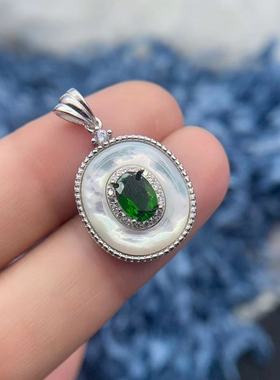 天然透辉石吊坠S925纯银空托