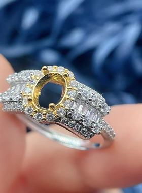 S925银豪华戒指空托椭圆形5*7mm红宝石戒指女胖mm支持定制彩宝戒