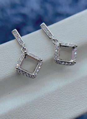 S925纯银耳坠空托方形6*6mm气质